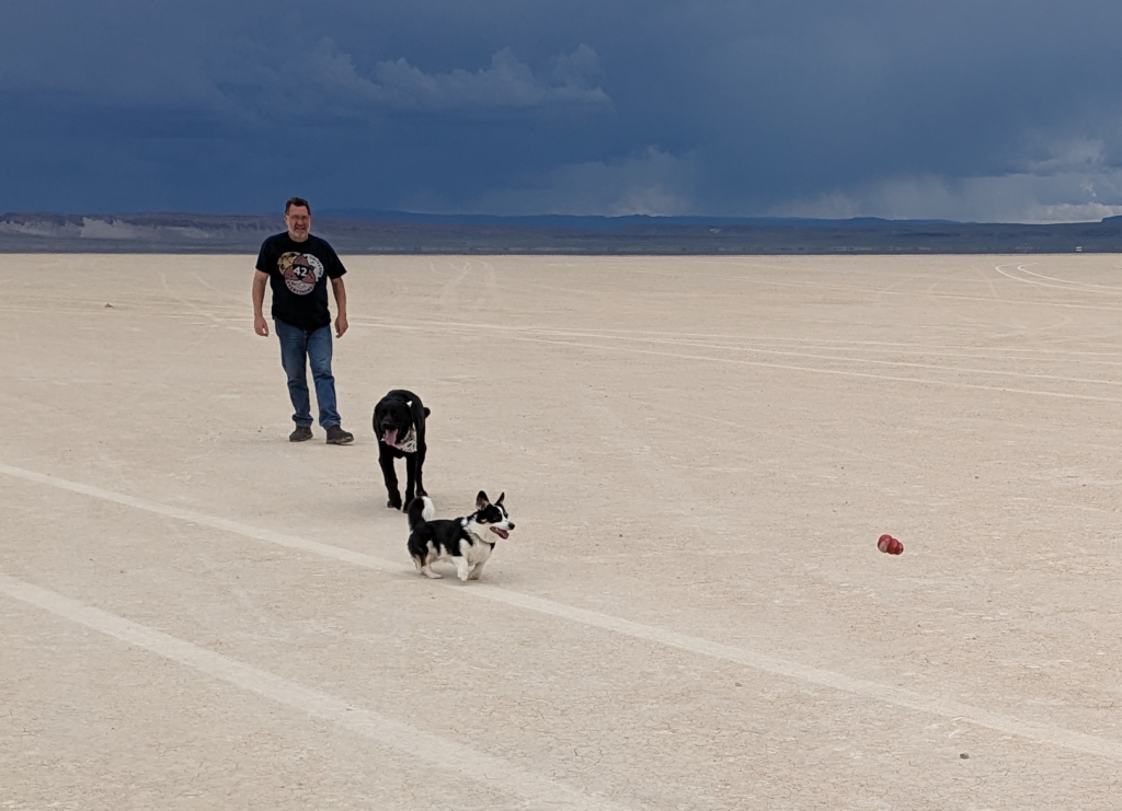 Jay, Finnegan and Holly playing at the Playa in Alvord Desert